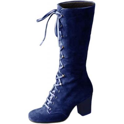 Women blue leather mid length high boots